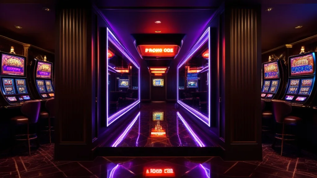 Code promo Rodeoslot affiché sur un écran dans un casino sombre et lumineux