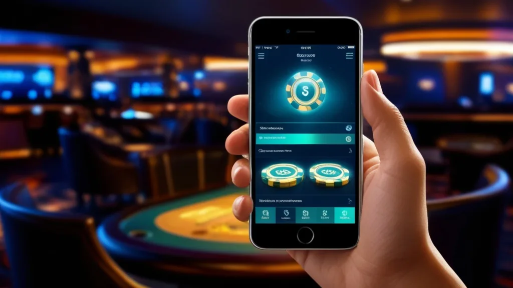 Smartphone affichant une interface mobile Rodeoslot dans un cadre de casino sombre